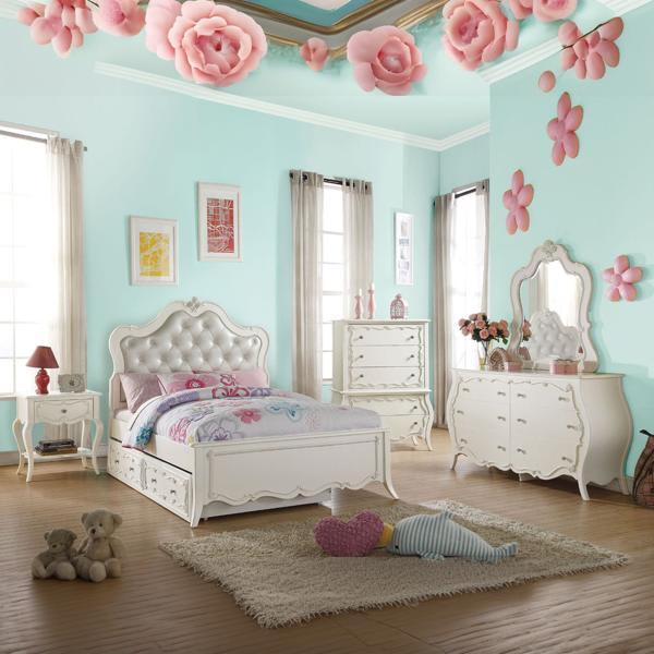Edalene Twin Bed - Pearl Synthetic Leather and Pearl White Finish 