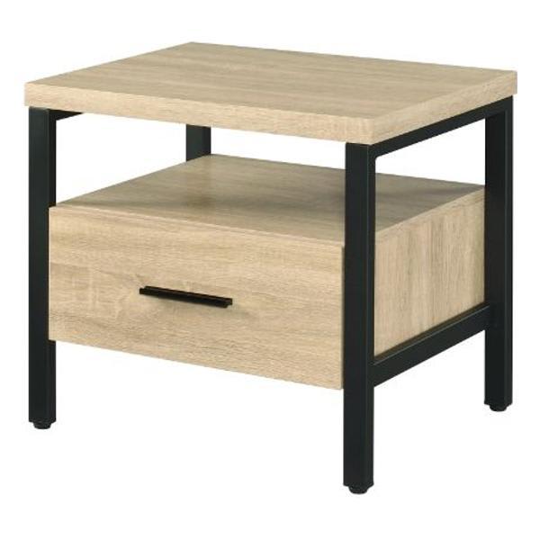 Yawan Accent Table with Storage Drawer and Metal Leg - Oak and Black Finish 