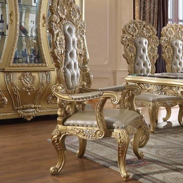 Cabriole Arm Chair  - Light Gold Synthetic Leather and Gold Finish - Set of 2 
