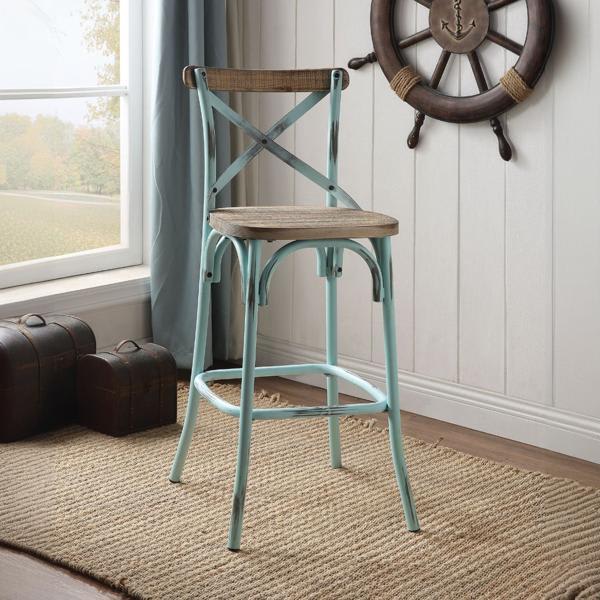 Zaire Bar Chair with Wooden Seat - Antique Oak Finish - Antique Sky Finish Metal 