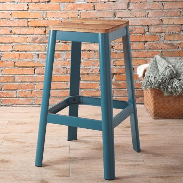 Jacotte Bar Stool with Natural Finish Seat and Teal Finish Metal Leg - Set of 2 