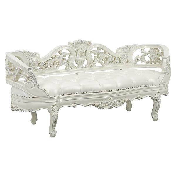 Adara Bench - Pearl White Synthetic Leather - Antique White Finish 