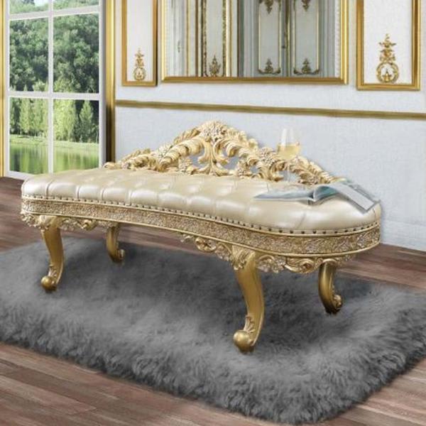 Cabriole Bench - Light Gold Synthetic Leather and Gold Finish 