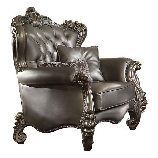 Versailles Chair with 2 Pillows - Silver Synthetic Leather - Antique Platinum Finish 