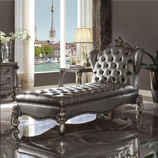Versailles Chaise Lounge - Silver Synthetic Leather - Antique Platinum Finish 