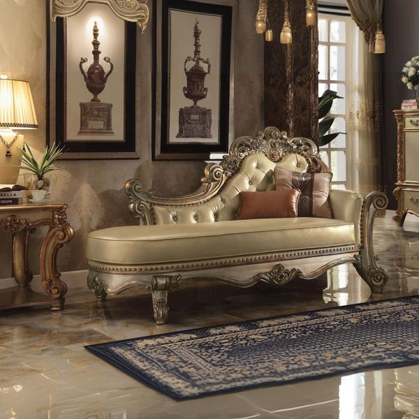 Vendome Chaise with 2 Pillows - Bone Synthetic Leather - Gold Patina Finish 