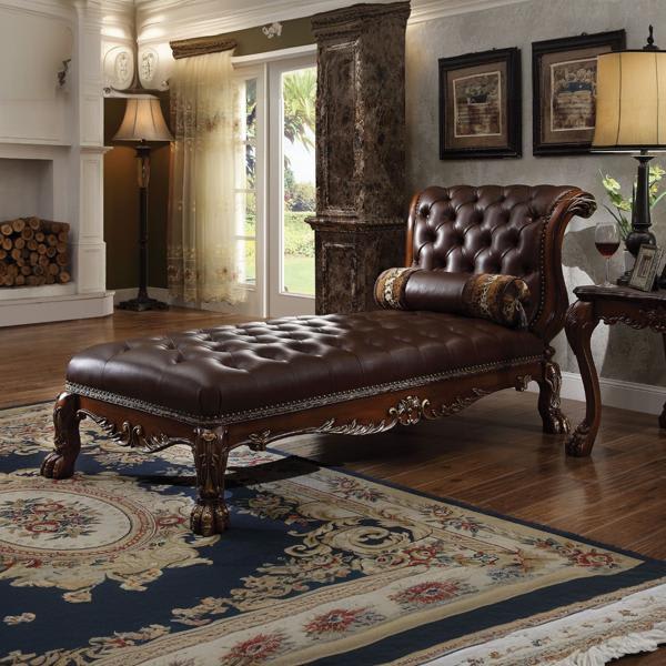 Dresden Chaise with Pillow - Cherry Synthetic Leather - Cherry Oak Finish 