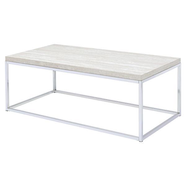 Snyder Coffee Table with Engineered Stone Top and Chrome Finish Metal Sled Base - Light Oak 