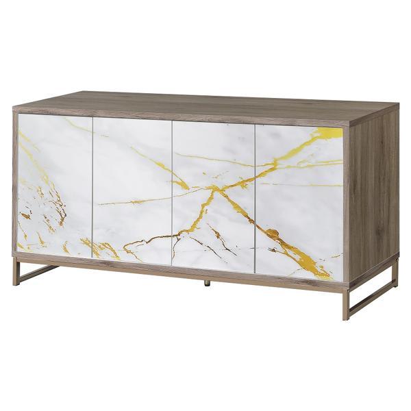 Paavan Console Cabinet - White Marble Print Oak and Champagne Finish 