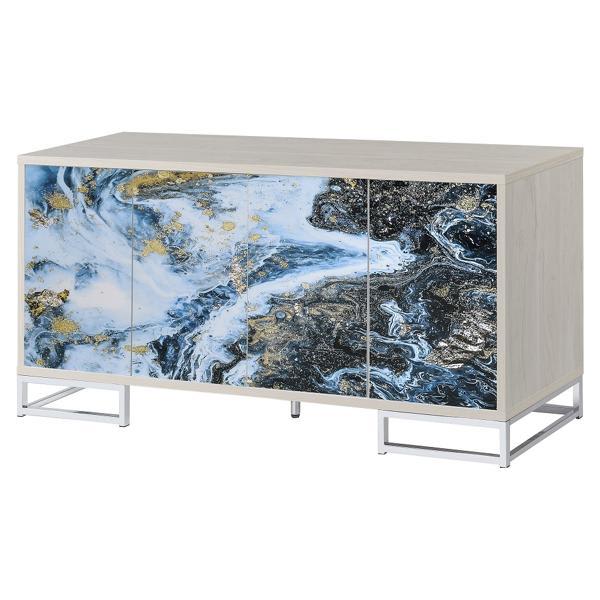 Liam Console Cabinet with White - Washed Oak Finish and Blue Marble Print Door Fronts - Chrome Base 