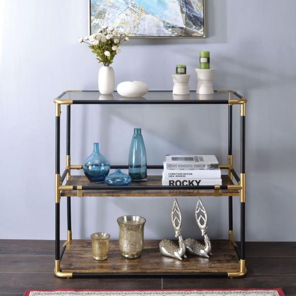 Heleris Console Table with Smoky Glass Top and Black and Gold Finish Metal Frame 