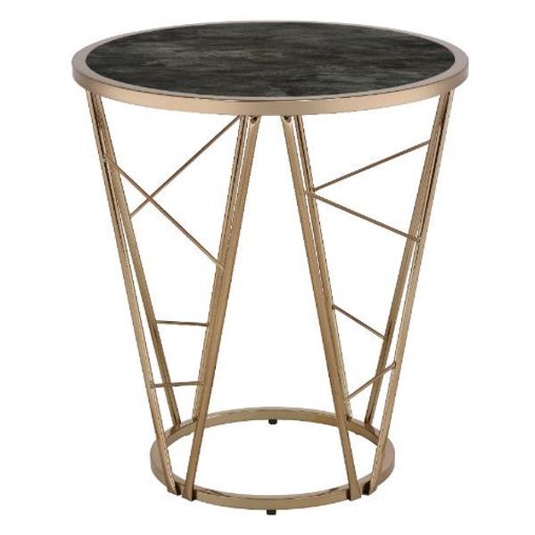 Cicatrix End Table with Faux Black Marble Glass Top and Champagne Finish - Champagne Gold 
