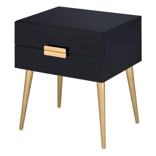 Denvor End Table with 2 Drawers - Black Rectangular Top and Gold Finish Legs 