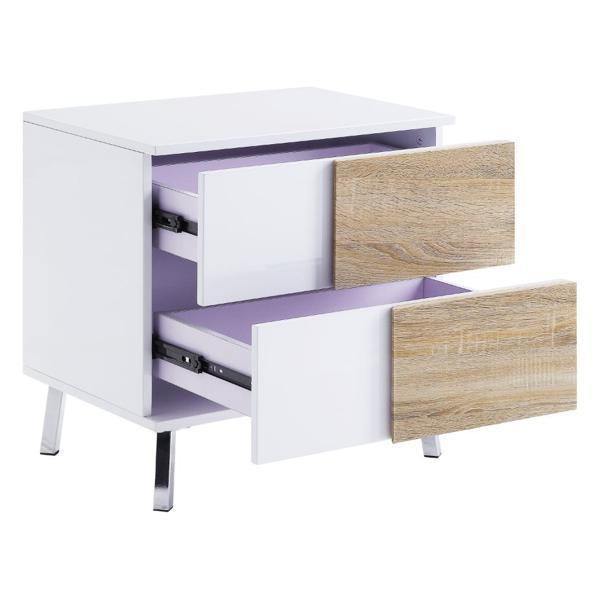 Verux End Table with 2 Drawers - White High Gloss Finish Frame and Chrome Metal Legs 
