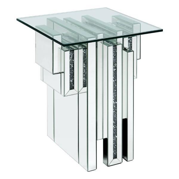 Noralie End Table with Mirrored Top and Faux Diamonds - Mirrored Pedestal Base 