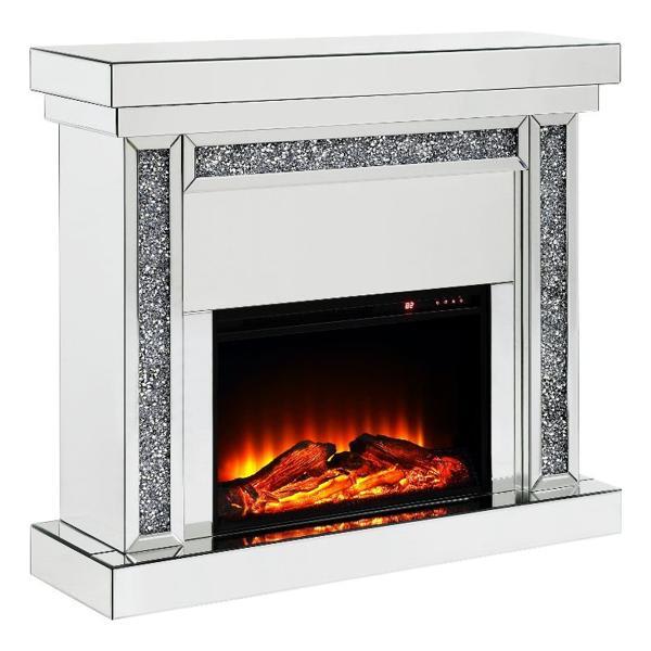 Noralie Fireplace Console with Mirrored Frame and Faux Diamonds - Mirrored Finish 