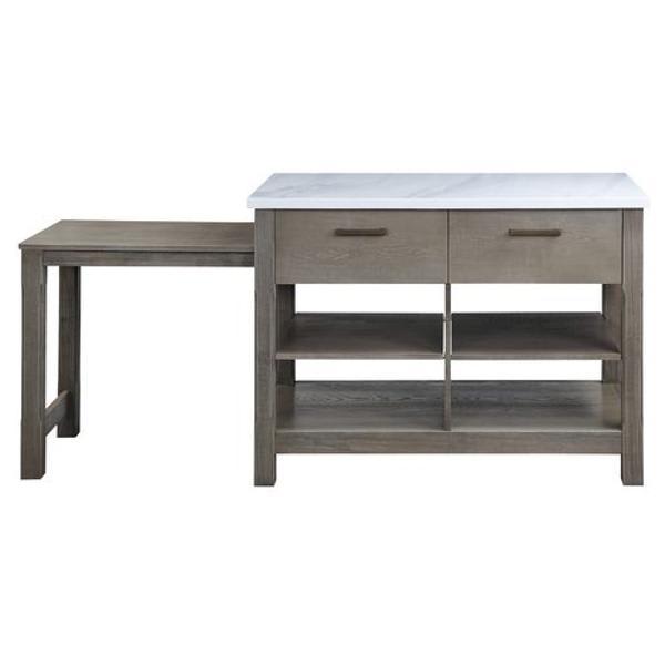 Feivel Kitchen Island with Pull Out Table - Marble Top and Rustic Oak Finish 