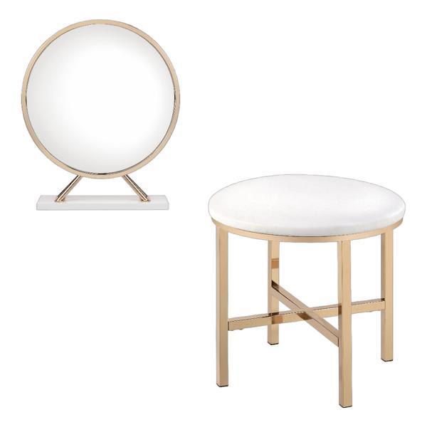 Midriaks Mirror and Stool - Synthetic Leather - White and Gold Finish 