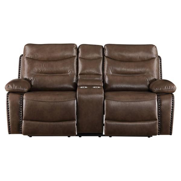 Aashi 78" Loveseat with Console - Brown Leather - Gel Match 
