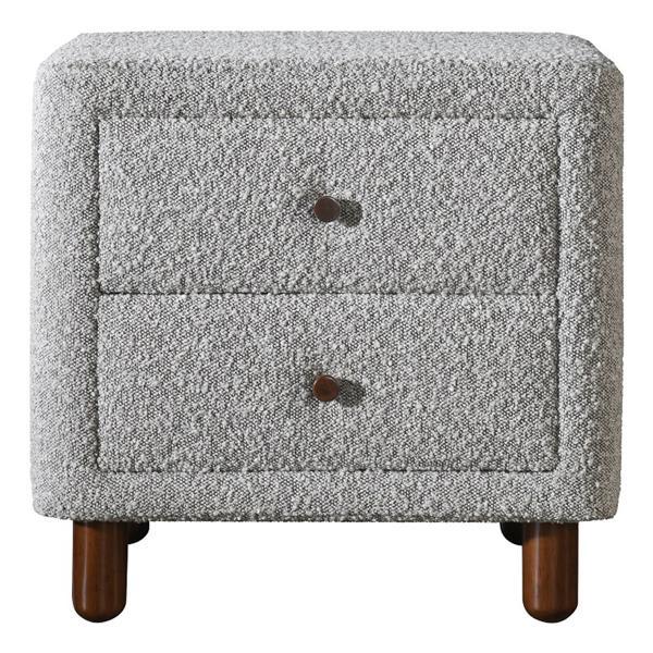 Cleo Nightstand with 2 Drawers - Gray Boucle Fabric - Wooden Legs 