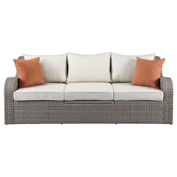 Salena Patio Sofa with 2 Pillows and 2 Ottomans - Beige Fabric and Gray Wicker 