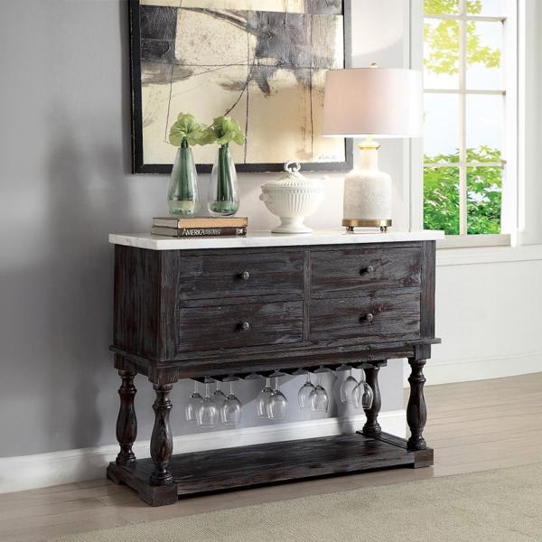 Gerardo Server with White Marble Top and Weathered Espresso Finish Frame 
