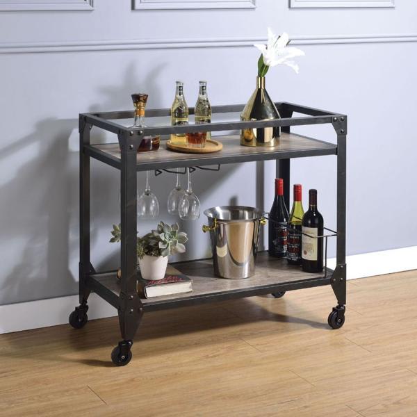 Jorgensen Serving Cart with Storage - Rustic Oak Top and Charcoal Finish Frame 