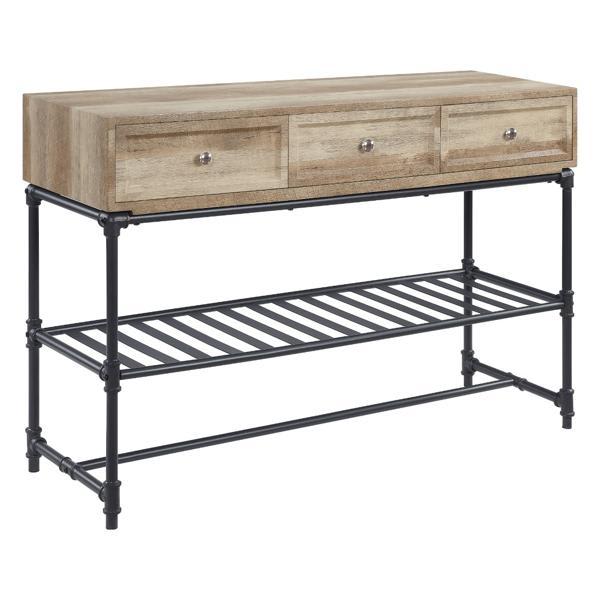 Brantley II Sofa Table with Storage Drawer and Compartment - Oak and Sandy Black Finish Metal Legs 