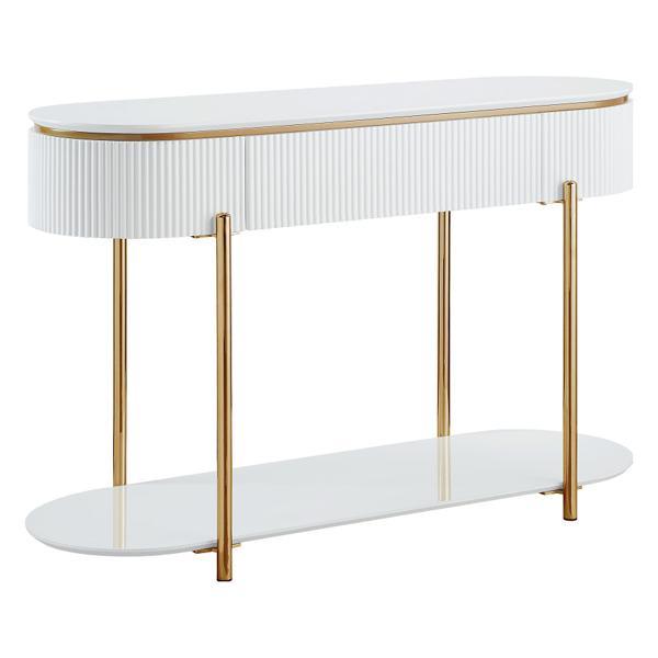 Daveigh Sofa Table with Storage - White High Gloss and Gold Finish Metal Legs 
