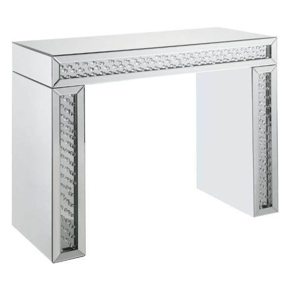 Nysa Vanity Desk with Mirrored Finish and Faux Crystals - Clear Glass Inlay 