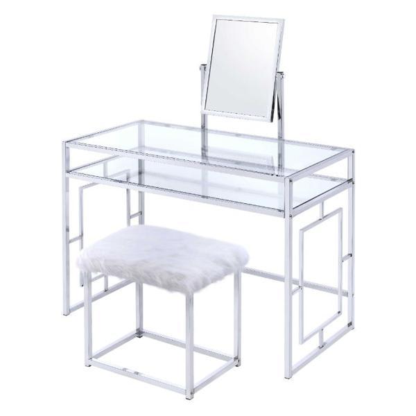 Carenze II Vanity Set with Mirror and Stool - White Faux Fur and Chrome Finish 