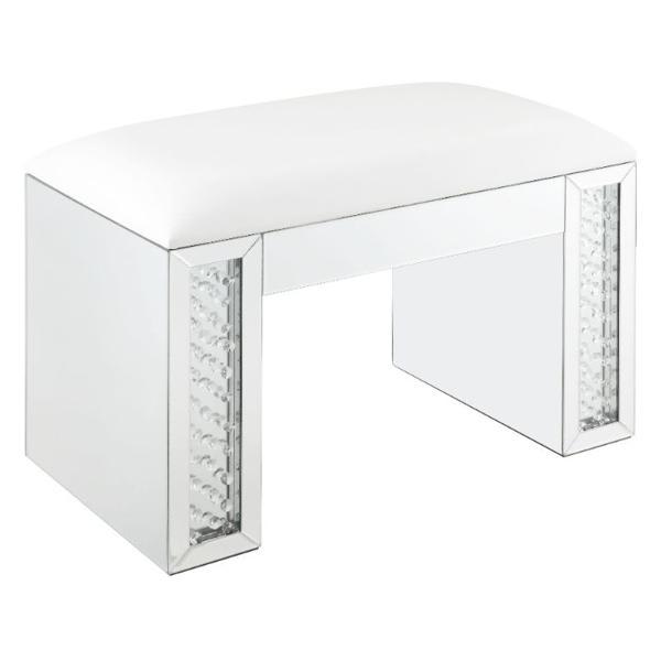 Nysa Vanity Stool - Ivory Synthetic Leather - Mirrored and Faux Crystals 