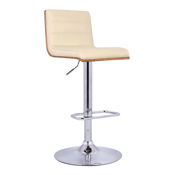 Aubrey Adjustable Bar Stool Chrome Base finish with Cream Faux Leather and Walnut Back 