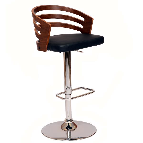 Adele Swivel Adjustable Bar Stool In Black Polyurethane/ Walnut Veneer and Chrome Base 