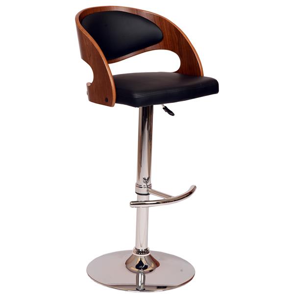 Malibu Swivel Adjustable Bar Stool In Black Polyurethane/ Walnut Veneer and Chrome Base 