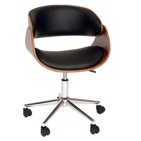 Julian Modern Office Chair In Chrome Finish with Black Faux Leather And Walnut Veneer Back 