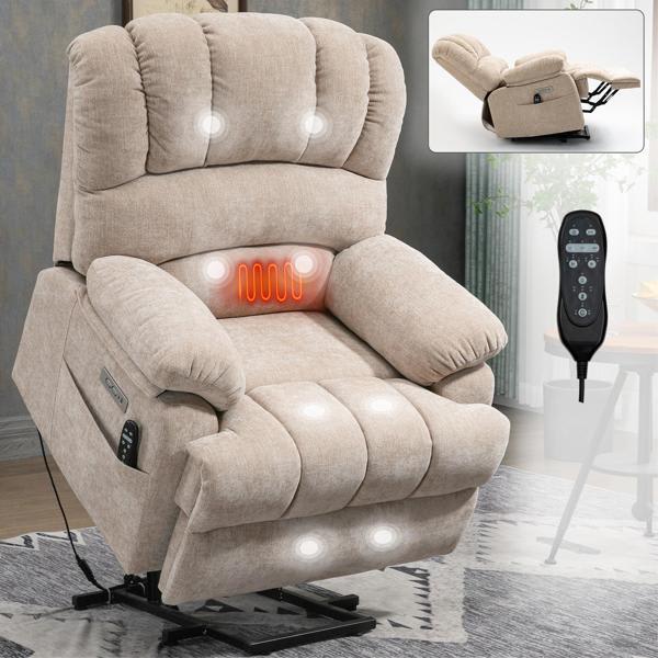 Oversized Power Lift Recliner Chair - Beige Chenille - Massage and Lumbar Heat 