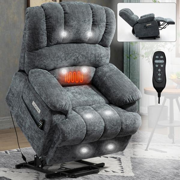  Siltron 42" Recliner Chair - Power Lift - Massage and Lumbar Heating - Blue-gray Chenille 