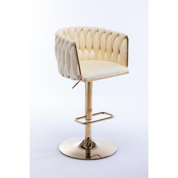 Jurupa Valley Adjustable Bar Stool - Ivory Velvet - Golden Metal Legs - Set of 2 