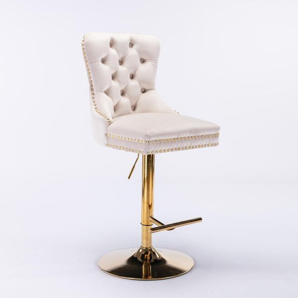 Sorvan Thick Golden Adjustable Barstool - Tufted Velvet - Beige - Set of 2 