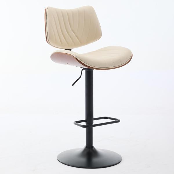Davis Walnut Bentwood Adjustable Bar Stool - Beige Faux Leather Seat - 360 Swivel 