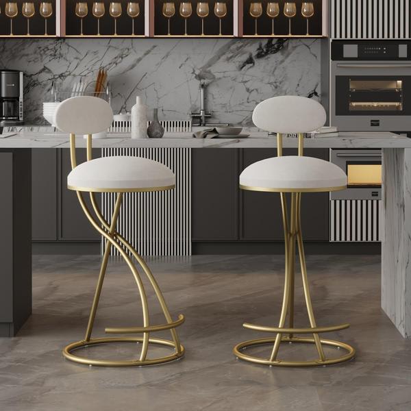 Avalin 28" Bar Stool - Creamy White Velvet Upholstered Seat - Gold Metal Frame - Set of 2 