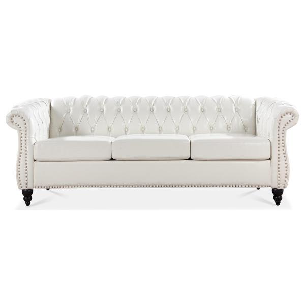 Eldridge 84" Rolled Arm Chesterfield 3 Seater Sofa - White Polyurethane Fabric Upholstery and Birch Legs Eldridge 84.65", eldridge, 84.65, rolled, arm, chesterfield, seater, sofa, white, polyurethane
