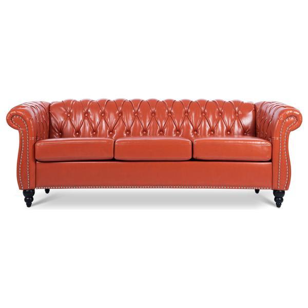 Eldridge 84" Rolled Arm Chesterfield 3 Seater Sofa - Orange Polyurethane Fabric - Birch Legs Eldridge 84", eldridge, rolled, arm, chesterfield, seater, sofa, orange, polyurethane, fabric