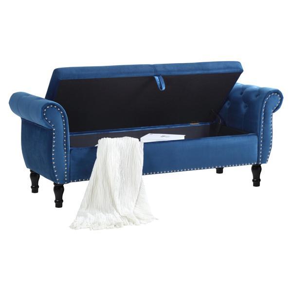 Lakewood 63" Velvet Multifunctional Storage Bench Rectangular Loveseat Stool Buttons Tufted Nailhead Trimmed Ottoman Solid Wood Legs with 1 Pillow - Blue Lakewood 63", lakewood, velvet, multifunctional, storage, bench, rectangular, loveseat, stool, buttons