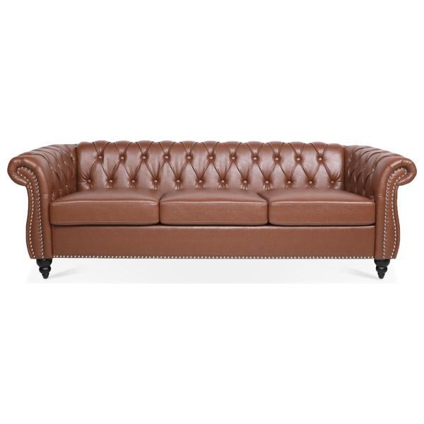 Eldridge 84" Chesterfield Three Seater Sofa - Brown Polyurethane Fabric - Birch Legs Eldridge 84", eldridge, chesterfield, three, seater, sofa, brown, polyurethane, fabric, birch
