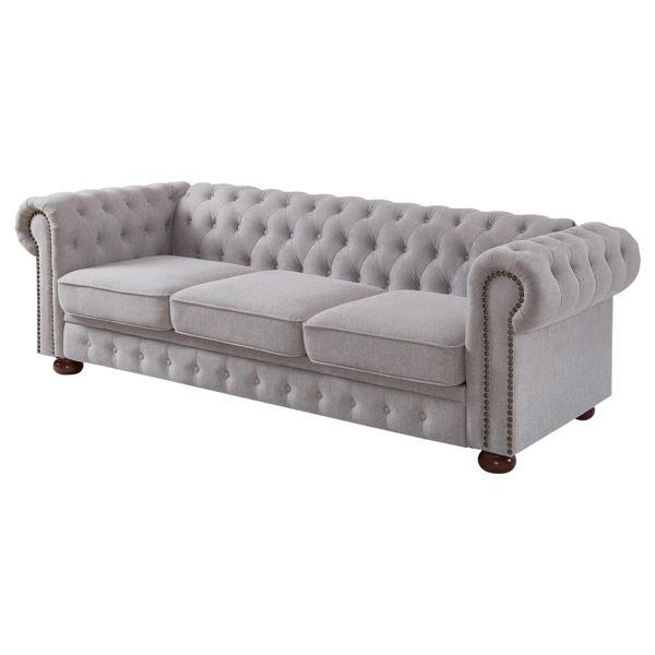 Ucluelet 88" Chesterfield Sofa - Light Grey Linen Fabric - Solid Wood Frame and Legs Ucluelet 88", ucluelet, chesterfield, sofa, light, grey, linen, fabric, solid, wood