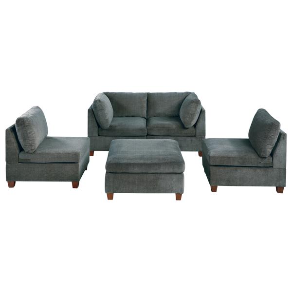 Indy 5-Piece Modular Loveseat with Set of 2 Chairs and 1 Ottoman - Gray Chenille - Wood Frame Indy 5-Piece, indy, 5piece, modular, loveseat, set, chairs, ottoman, gray, chenille