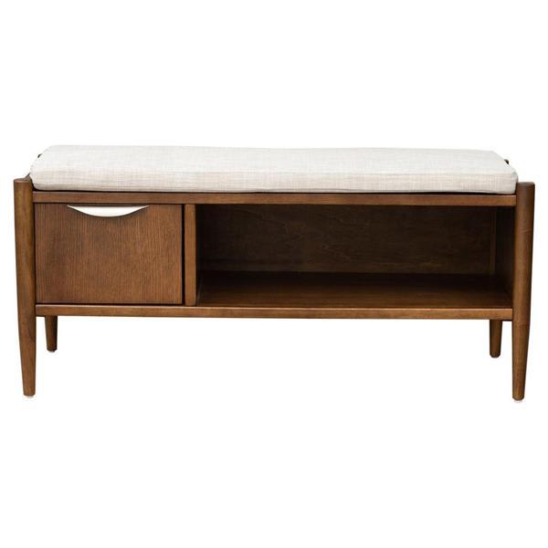 Zanesville Accent Bench with Storage and Upholstered Cushion - Medium Walnut Veneer Frame - 100% Polyester Fabric Zanesville Accent, zanesville, accent, bench, storage, upholstered, cushion, medium, walnut, veneer