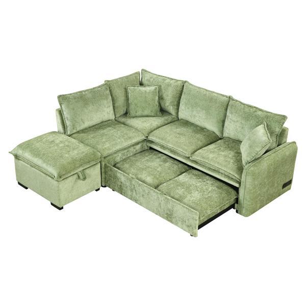Myrithia 82" Convertible Sofa Bed - L-shaped Sectional with Storage Ottoman - 2 Pillows - 2 Power Sockets and USB Ports - Green Chenille Myrithia 82", sectional sofa, sleeper sofa, myrithia, convertible, sofa, bed, lshaped, sectional, storage